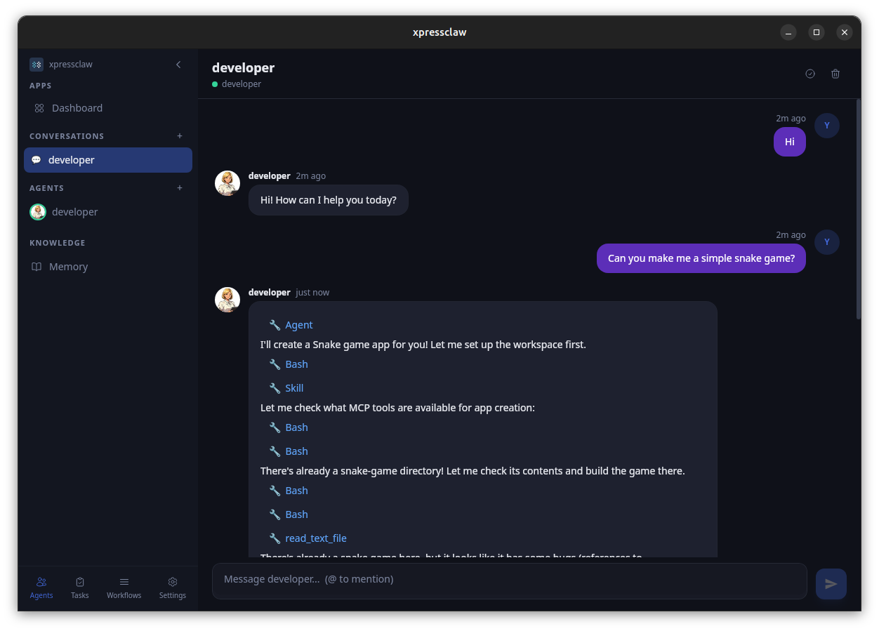 XpressCLAW agent conversation interface